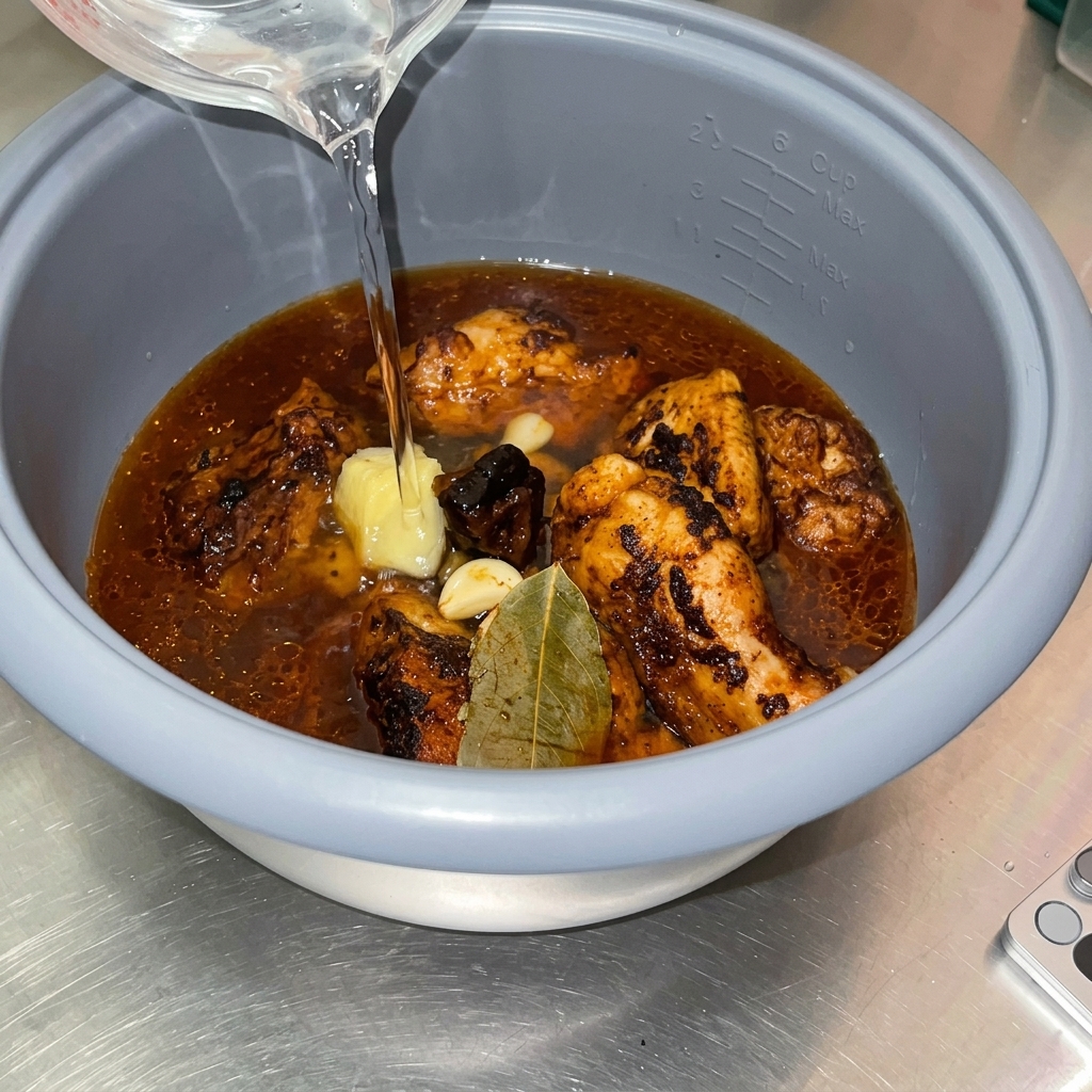 Przezroczysta woda wlewana z miarki do garnka do ryżu wypełnionego podsmażoną wieprzowiną, aromatami i ciemnym sosem do duszenia.