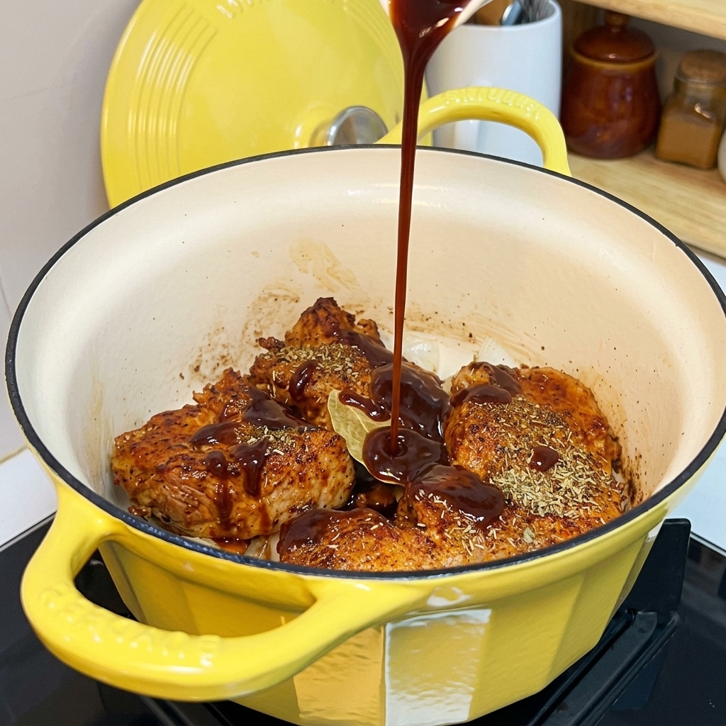Sos barbecue wlewany z butelki do garnka z obsmażoną wieprzowiną i cebulą.