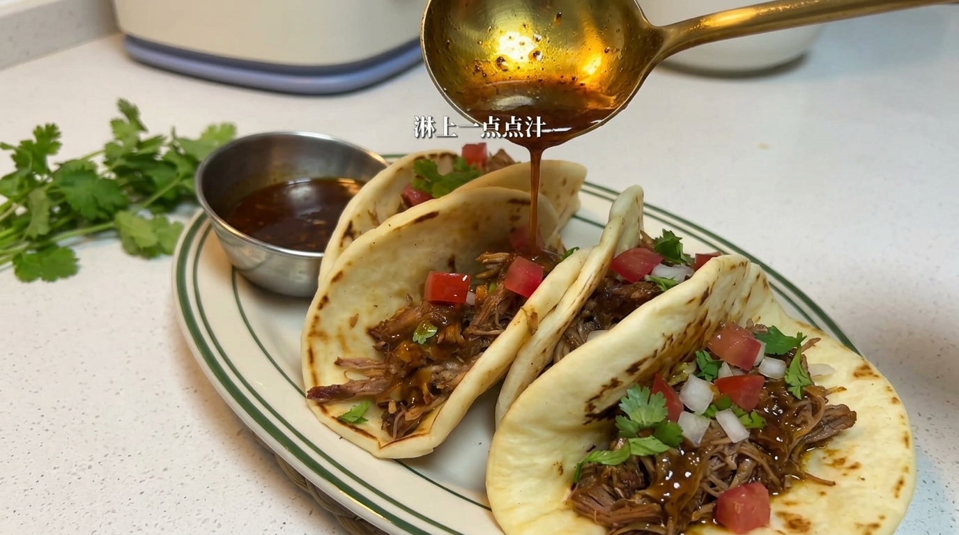 Trzy taco z szarpaną wieprzowiną na talerzu, udekorowane pomidorami, kolendrą i cebulą, z miseczką sosu obok.