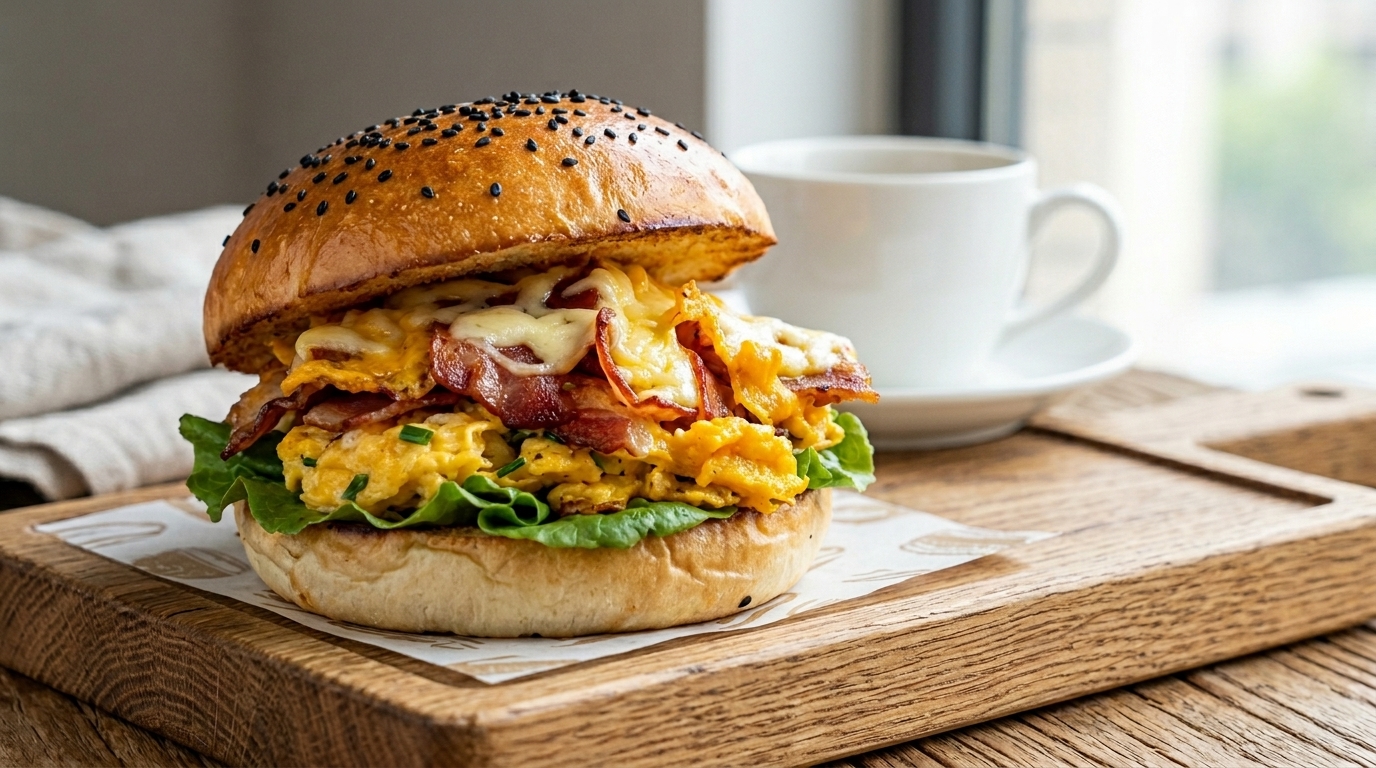 Szybki burger śniadaniowy z boczkiem i jajecznicą