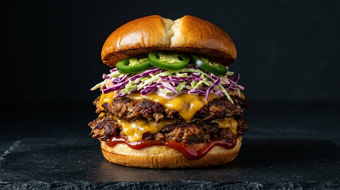 Wędzony burger typu smash z szarpaną wieprzowiną i surówką coleslaw
