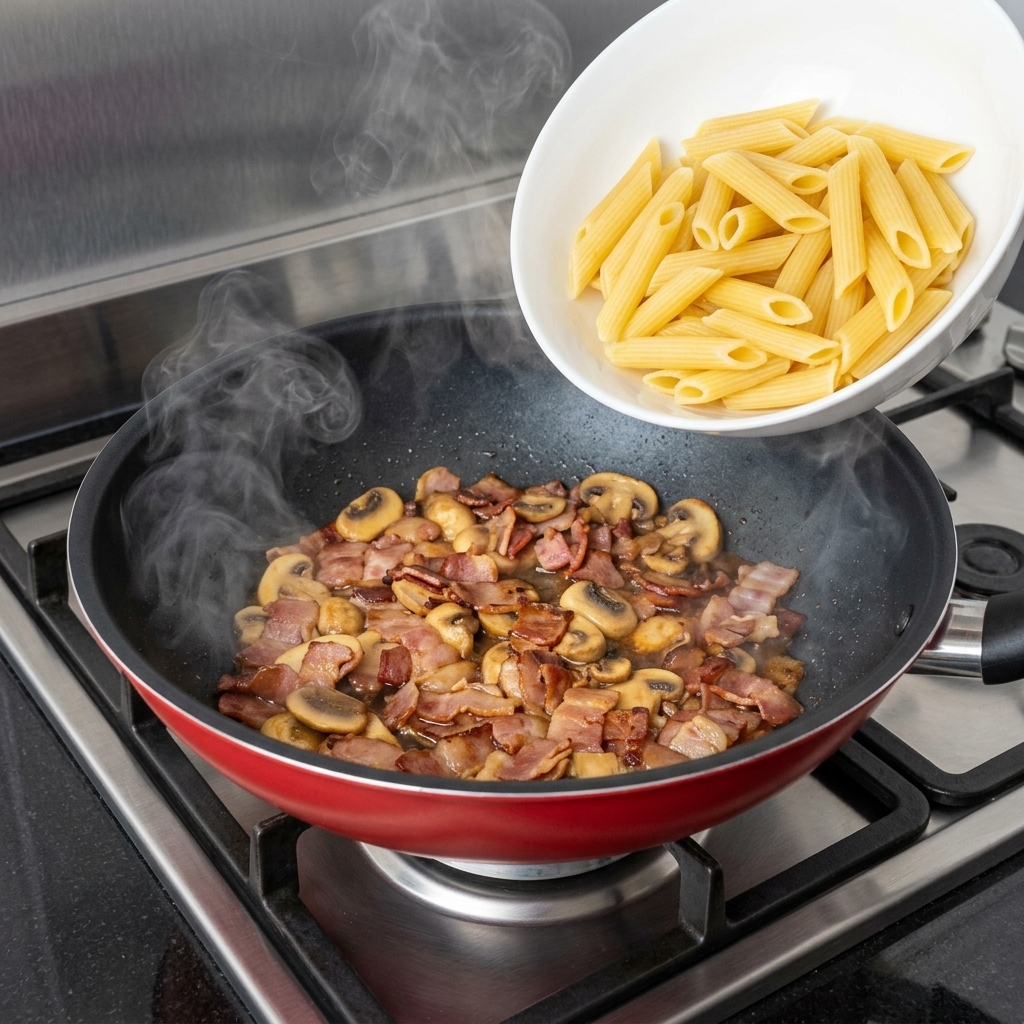 Ugotowany makaron penne przekładany na patelnię z bekonem i pieczarkami.