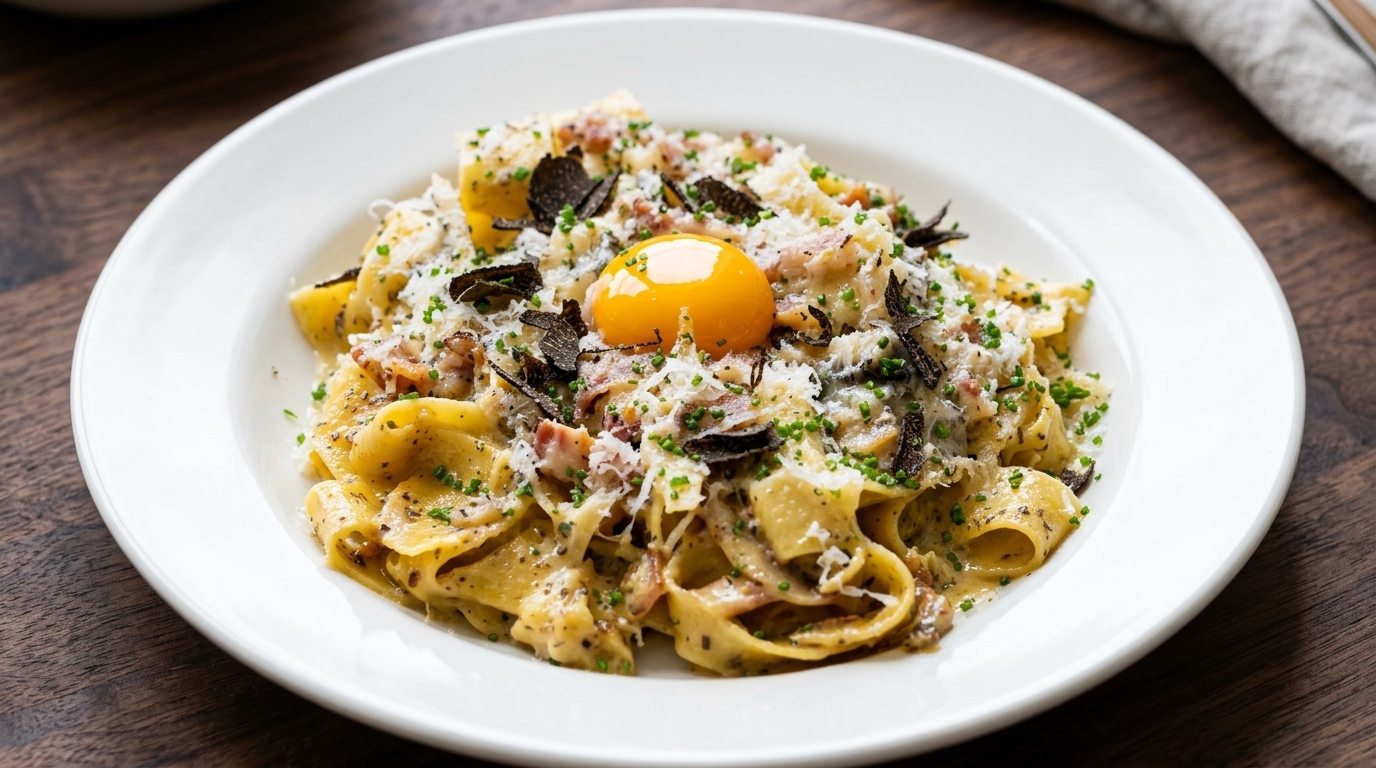 Luksusowa carbonara z czarną truflą i żółtkiem