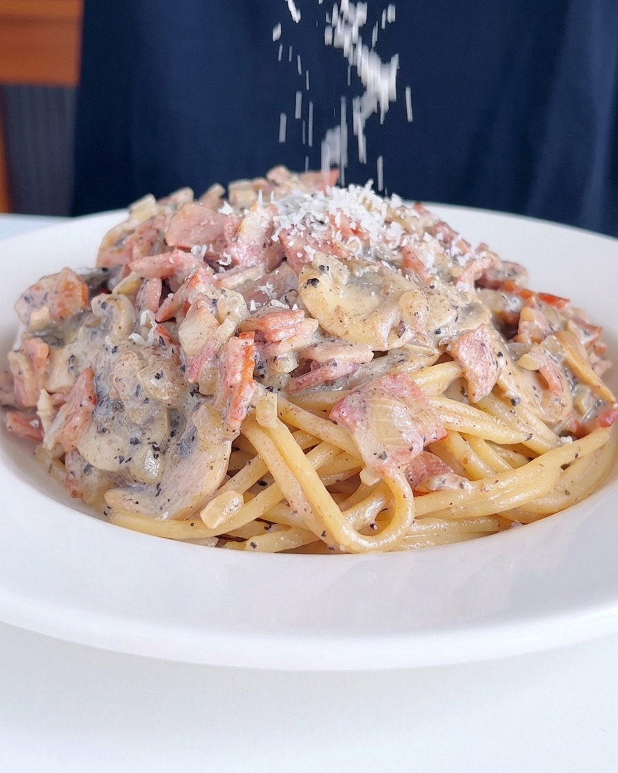 Zbliżenie na miskę kremowego makaronu z boczkiem, posypywaną parmezanem.