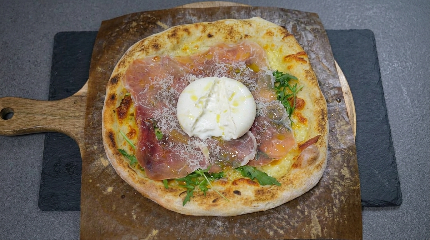 Rzemieślnicza pizza z szynką parmeńską i burratą