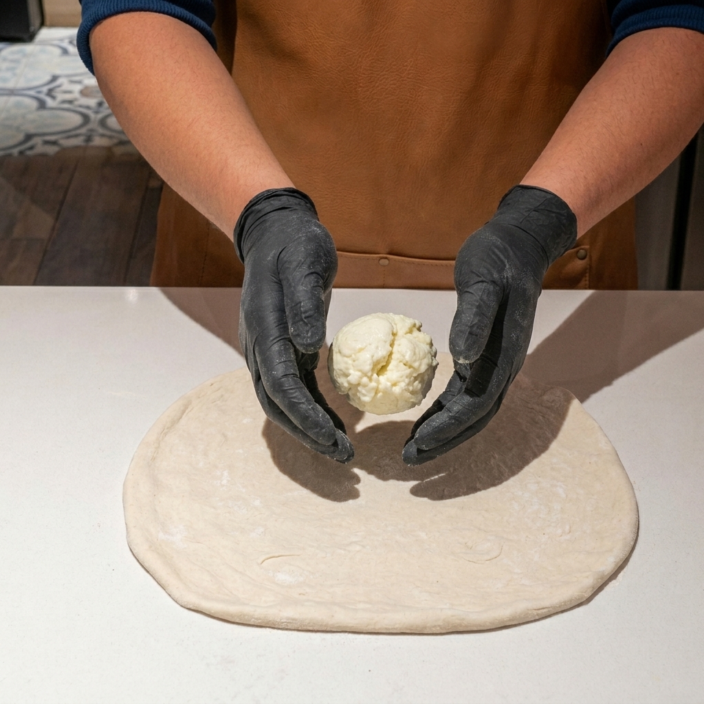 Zbliżenie na spód ciasta do pizzy posypany tartą mozzarellą i świeżym parmezanem.