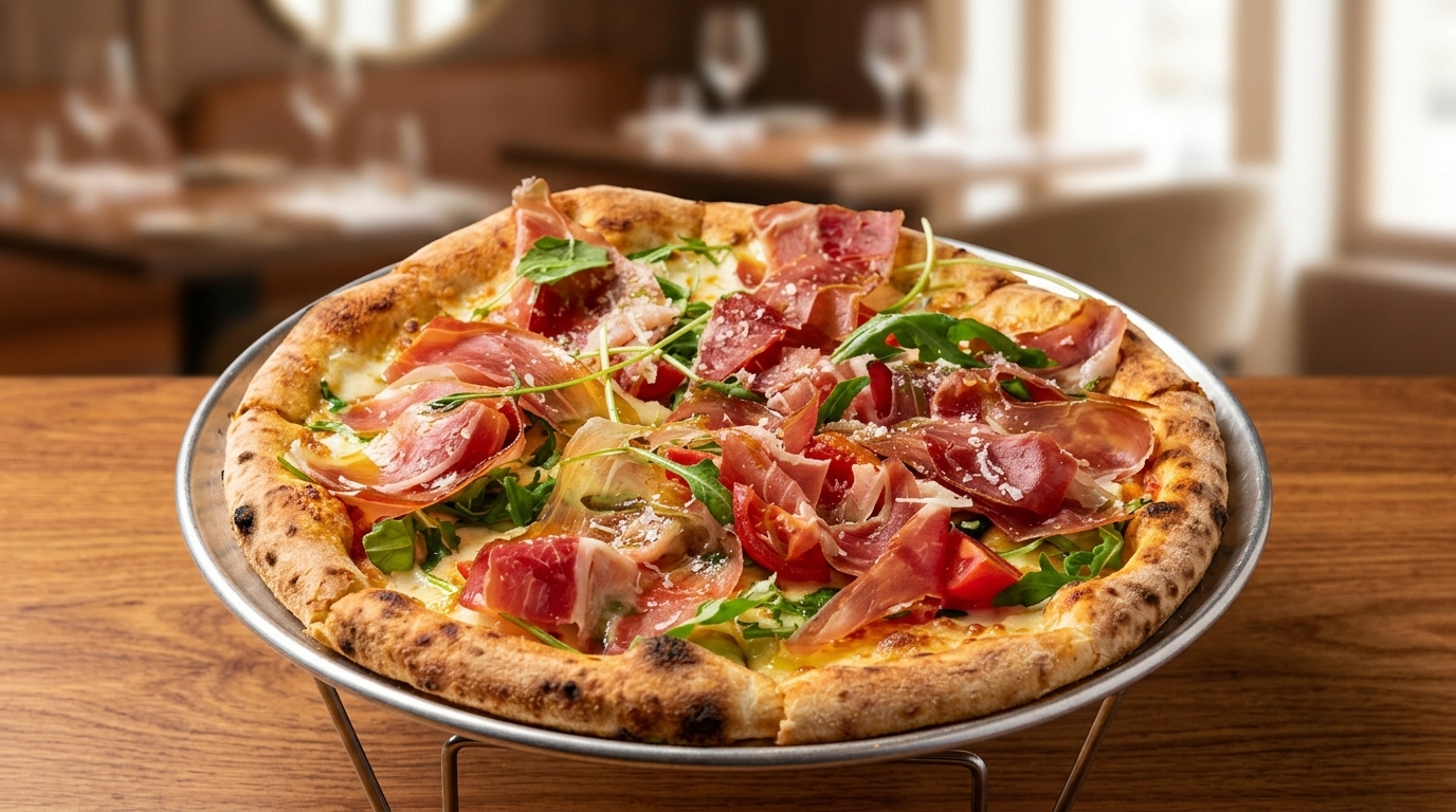 Klasyczna włoska pizza z szynką parmeńską i rukolą