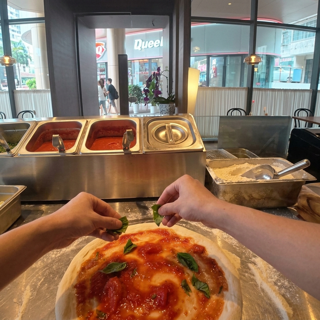 Świeże liście zielonej bazylii rozrzucone na czerwonym sosie pomidorowym na spodzie pizzy.