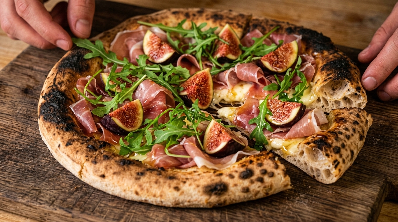 Pizza z szynką parmeńską, figami i miodem chryzantemowym