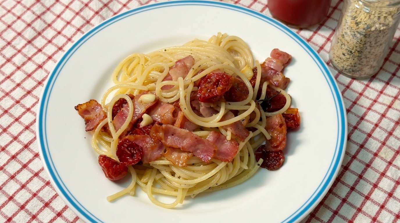 Wytrawne spaghetti z suszonymi pomidorami i boczkiem