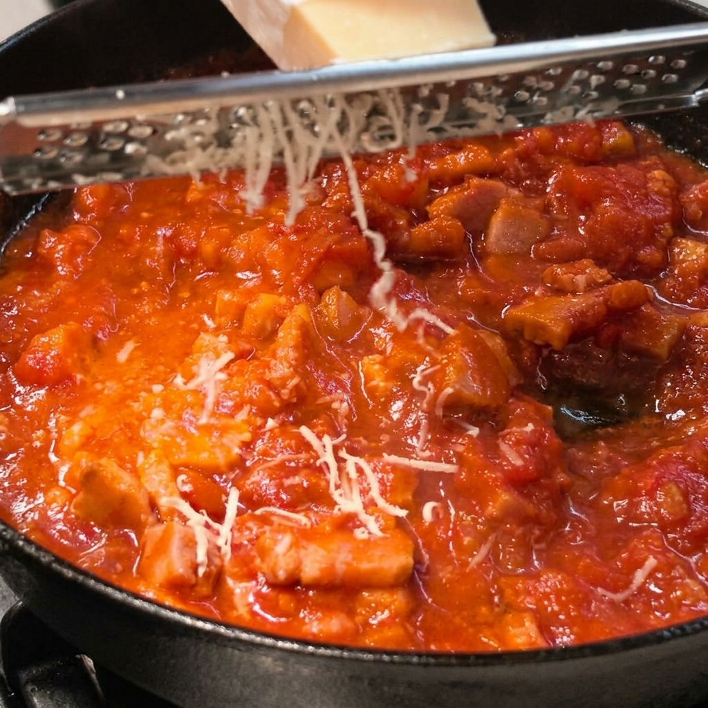 Świeży parmezan starty bezpośrednio do czerwonego sosu pomidorowego.