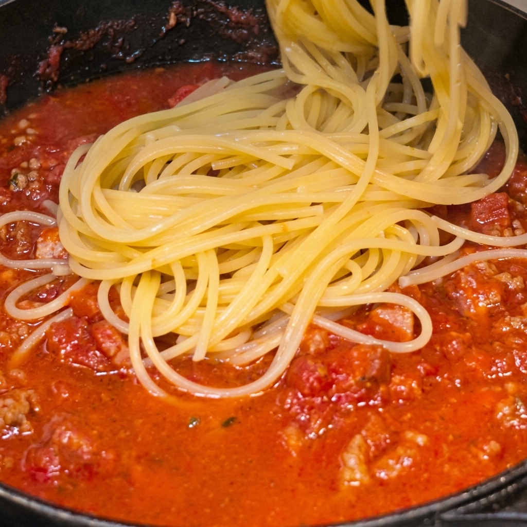 Ugotowane spaghetti przekładane na patelnię z bulgoczącym sosem pomidorowo-boczkowym.