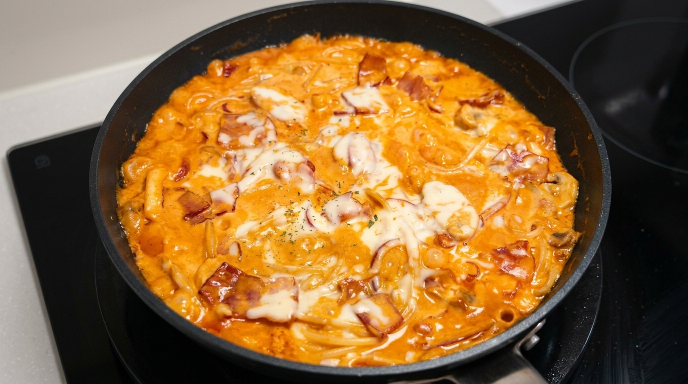 Ostre spaghetti w kremowym sosie z boczkiem i serem