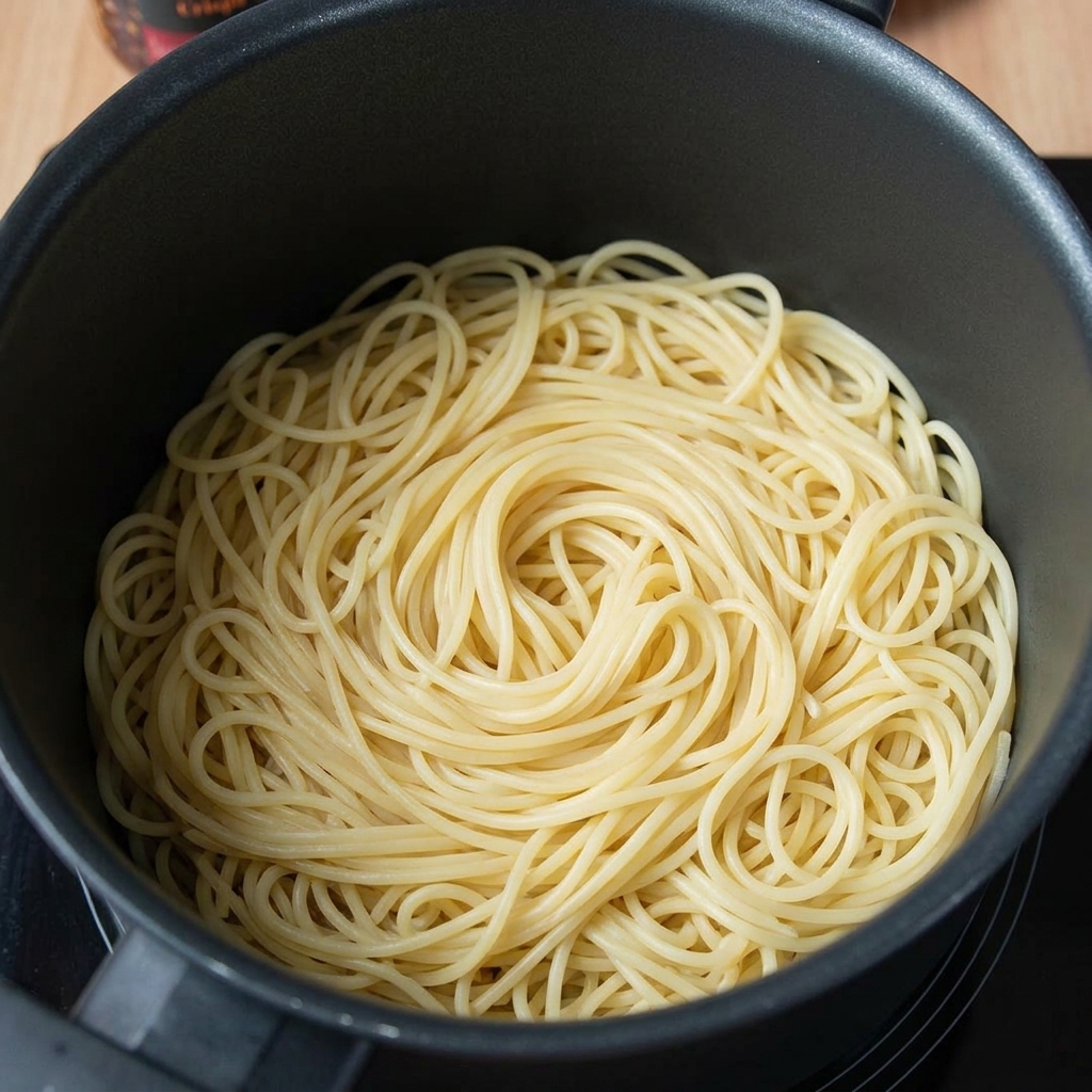 Ugotowane spaghetti mieszane z chilli oil w garnku.
