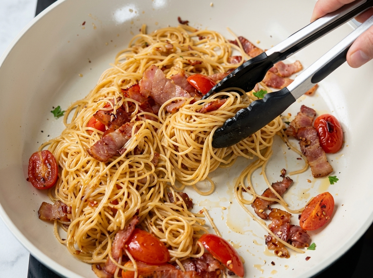 Spaghetti wykańczane świeżymi liśćmi bazylii na patelni.