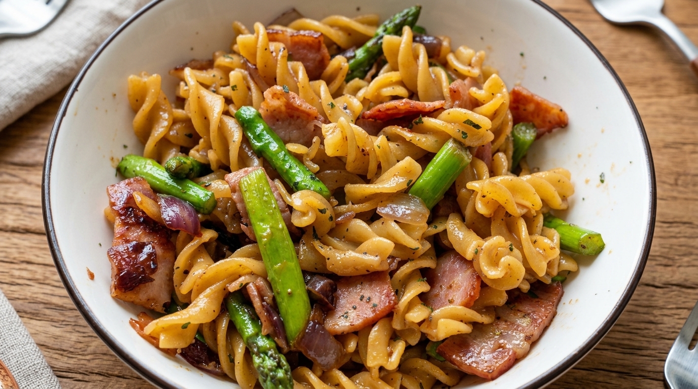 Miska makaronu fusilli z boczkiem i szparagami, z widocznymi kawałkami zrumienionego boczku i soczyście zielonymi szparagami.
