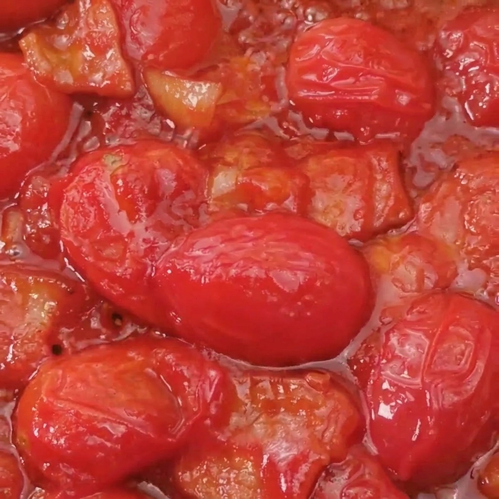 Ugotowane nitki spaghetti mieszane na patelni z sosem pomidorowym.