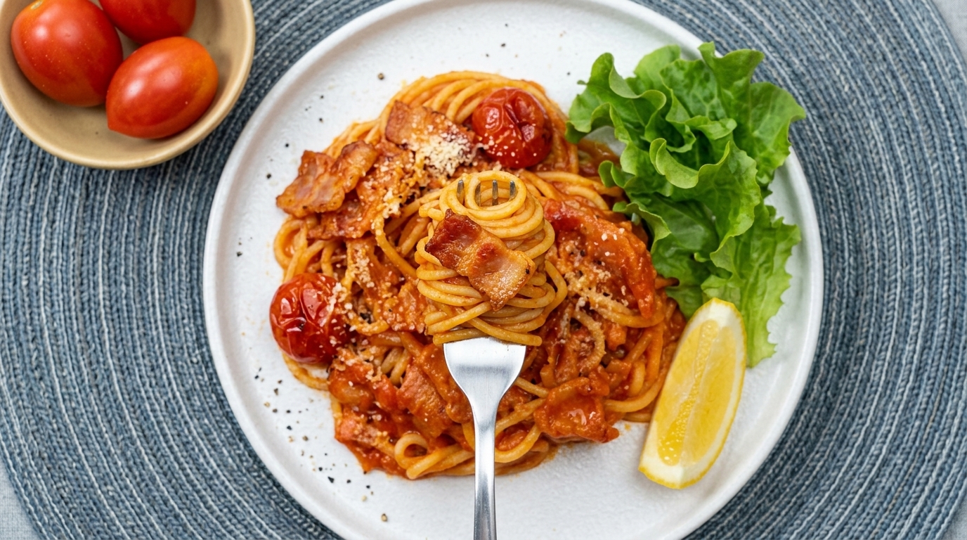 Klasyczne spaghetti z pomidorami i boczkiem