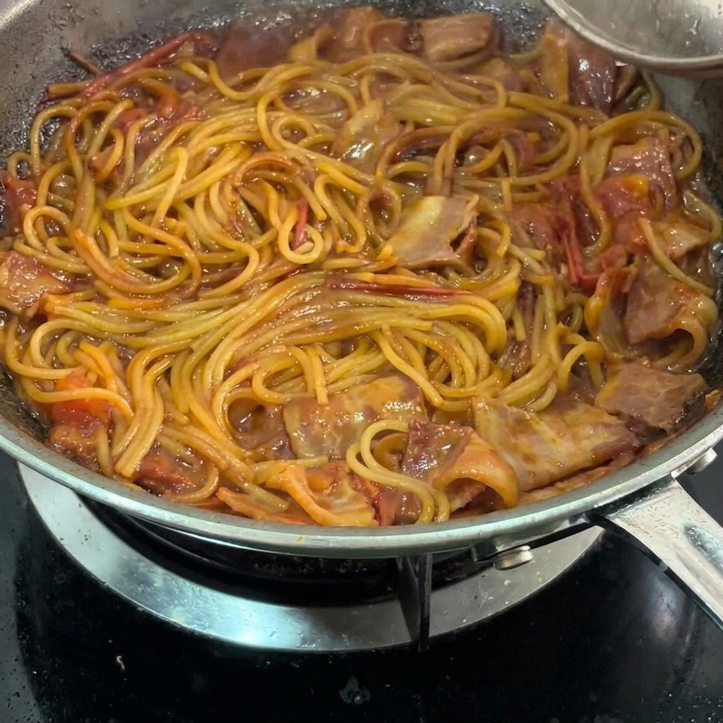 Gotowe spaghetti z bekonem i sosem pomidorowym mieszane na patelni.