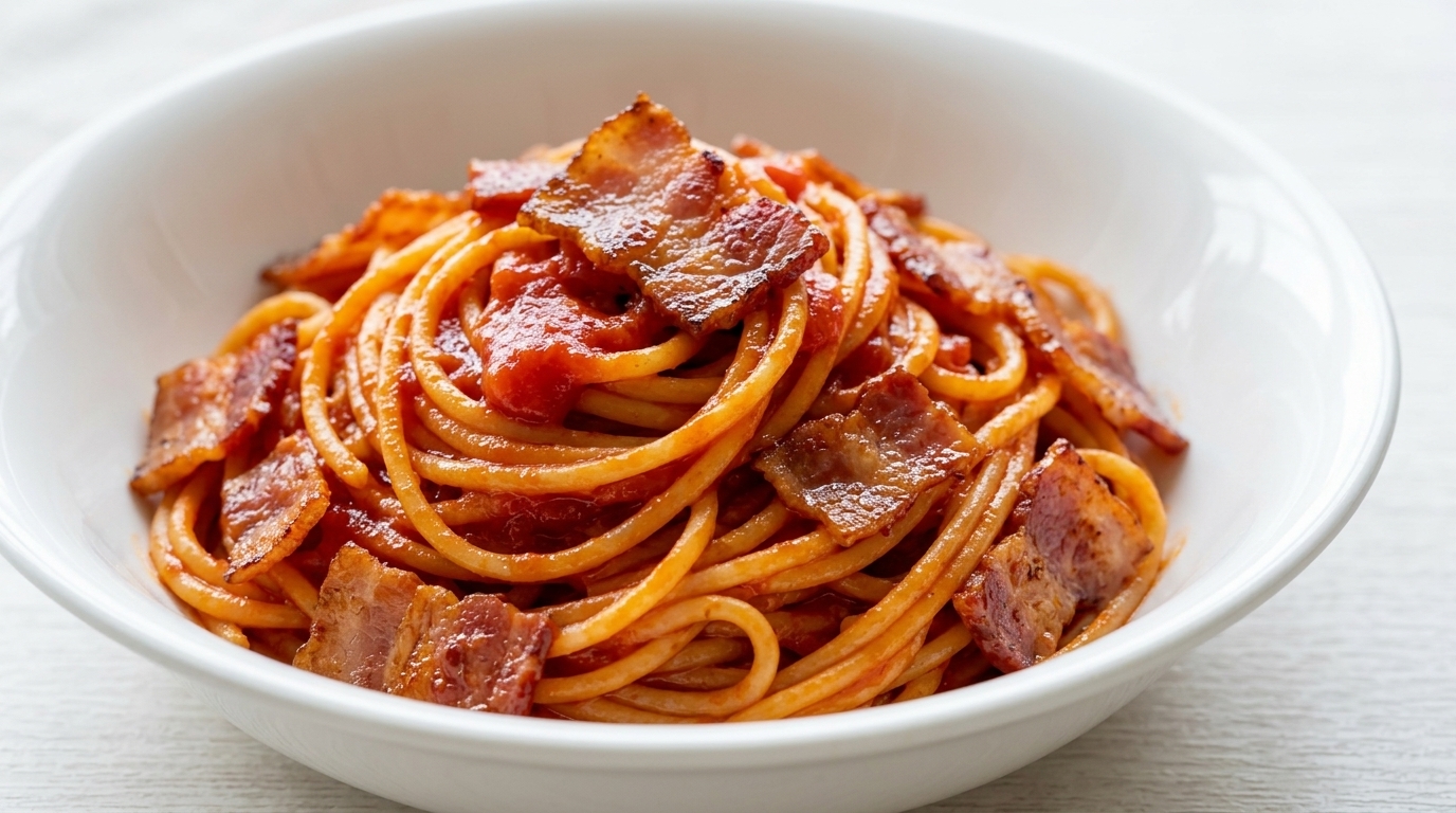 Jednogarnkowe Spaghetti z Pomidorami i Bekonem