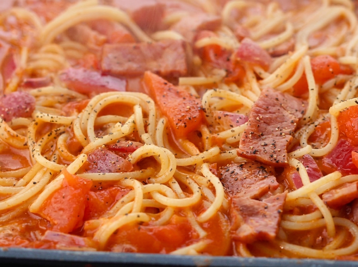 Gotowe spaghetti mieszane z sosem i pieprzem na patelni.