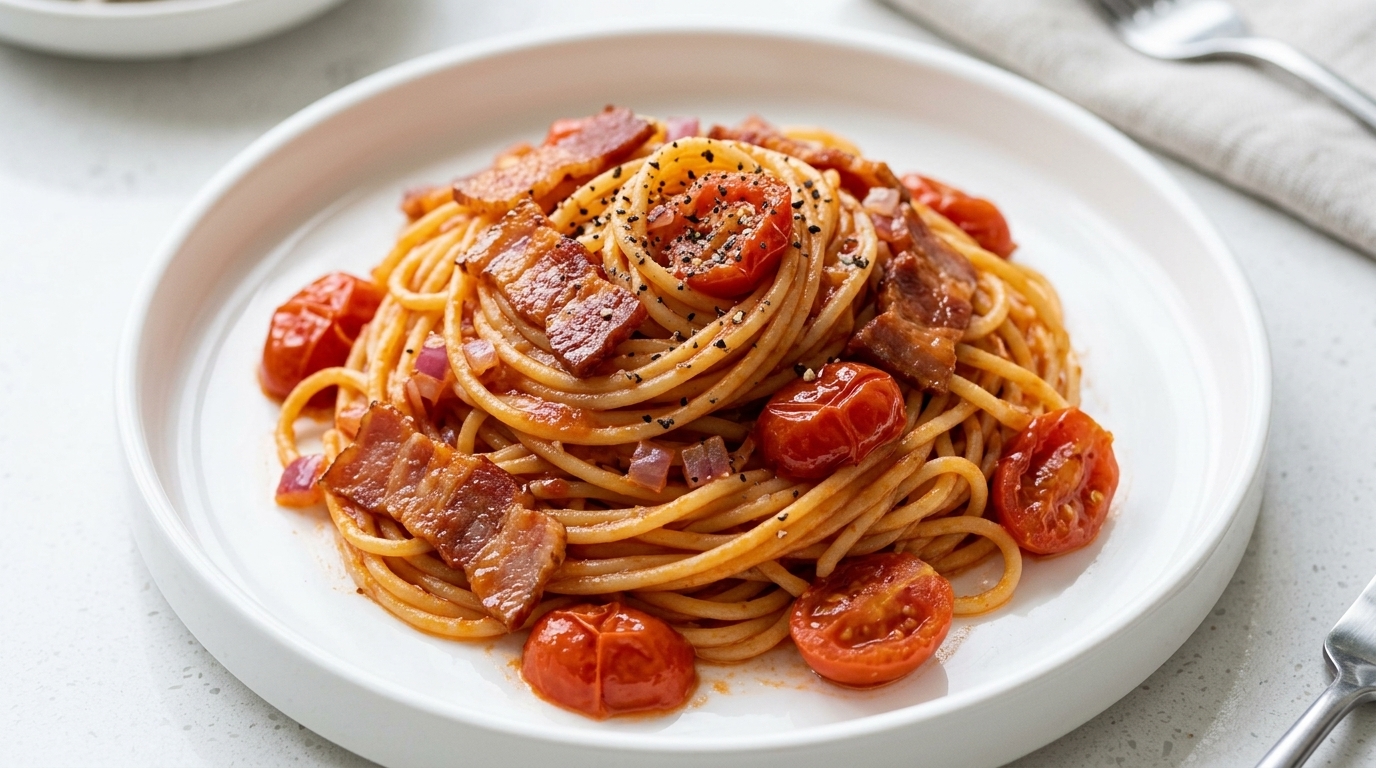 Spaghetti z pomidorami i boczkiem