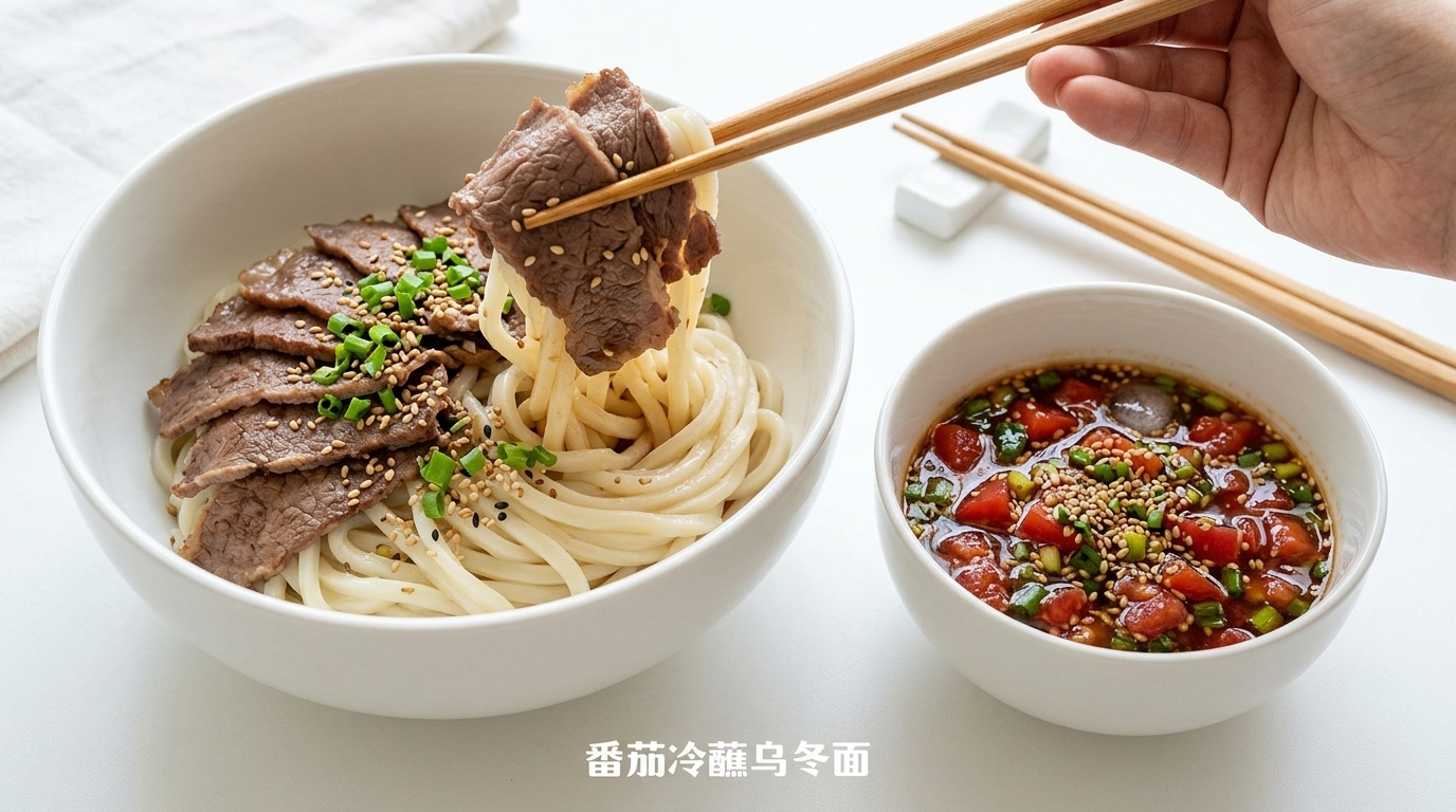 Orzeźwiający zimny makaron udon z sosem pomidorowym i ponzu