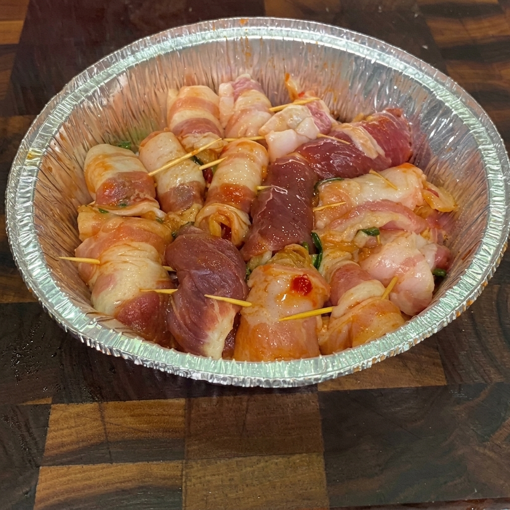 Zbliżenie na surowe roladki z boczku i kimchi w aluminiowej foremce, spryskiwane olejem roślinnym.