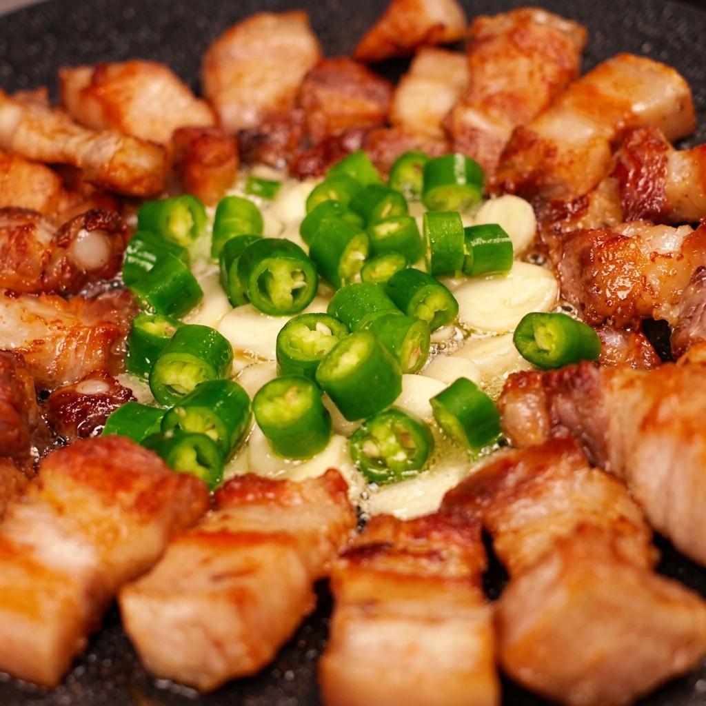 Kimchi i zielone chili smażące się na środku patelni w otoczeniu smażonego boczku.