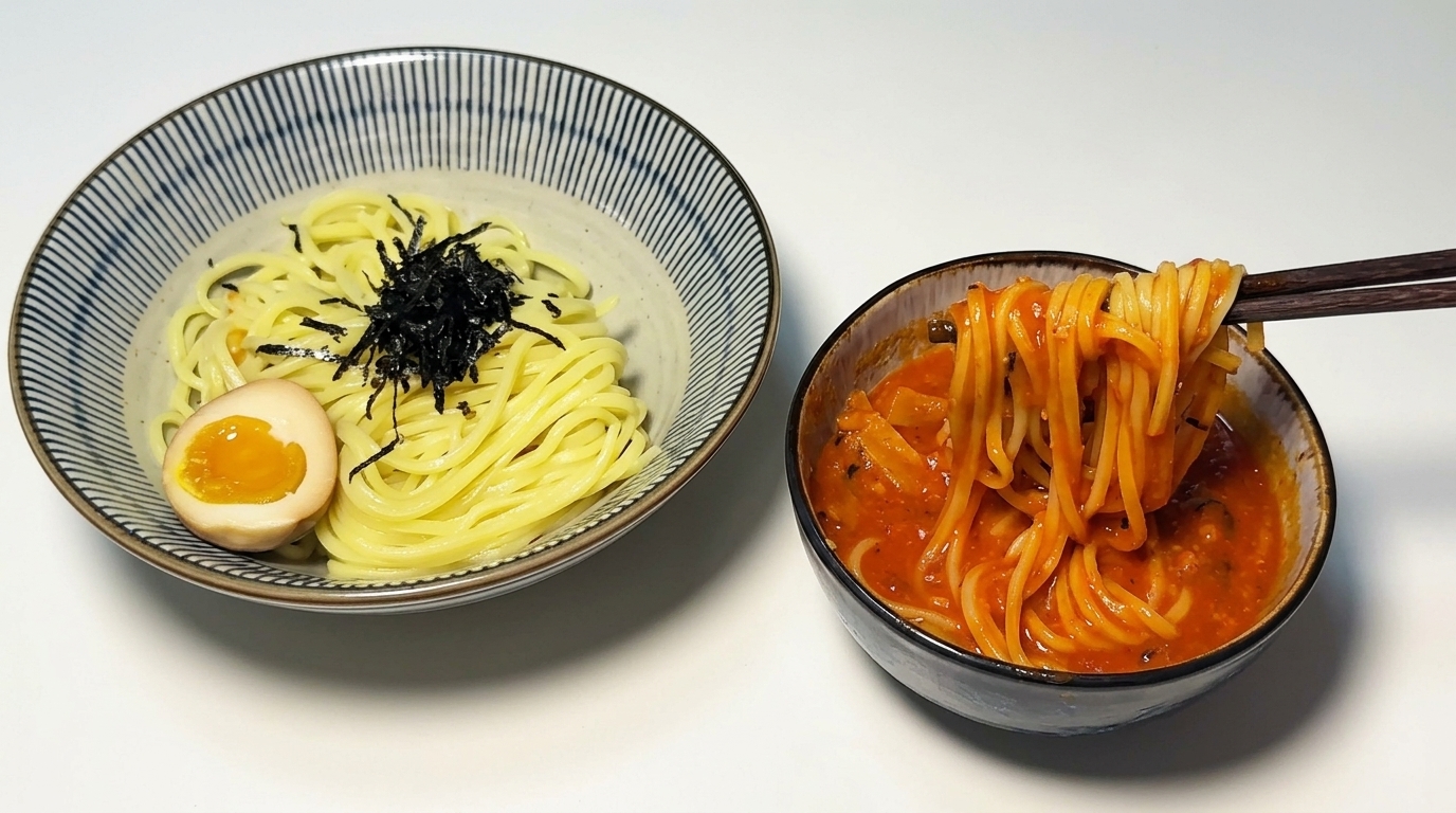 Żółty makaron ramen serwowany z jajkiem na miękko, wodorostami nori i aromatycznym sosem pomidorowo-krewetkowym.