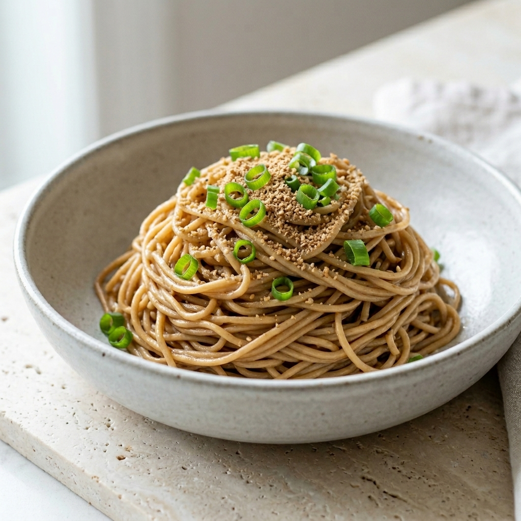Świeżo posiekana zielona dymka sypana na wierzch porcji makaronu.