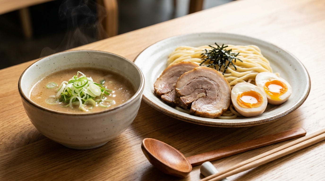 Miska gęstego, kremowego wywaru do maczania Tsukemen, podawana z zimnym makaronem, miękkim jajkiem i delikatną wieprzowiną chashu.