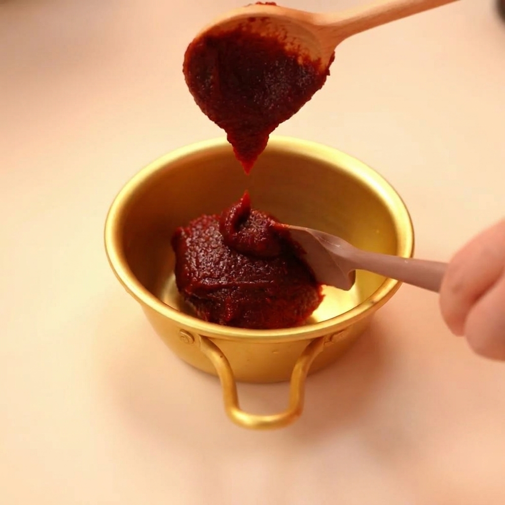 Drewniana łyżka nakładająca gęstą czerwoną pastę chili do małej złotej miseczki.