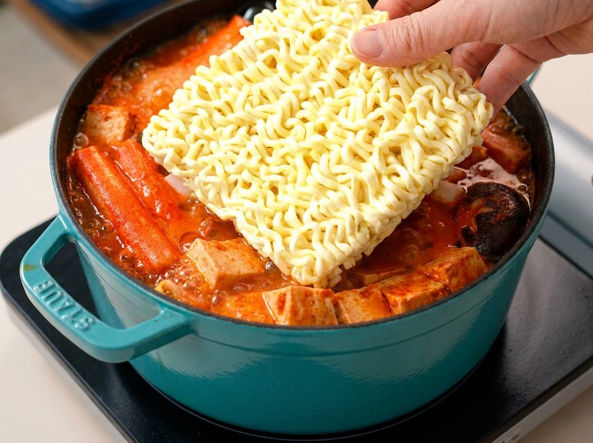 Dłoń kładąca blok suchego makaronu ramen do gotującego się gulaszu.