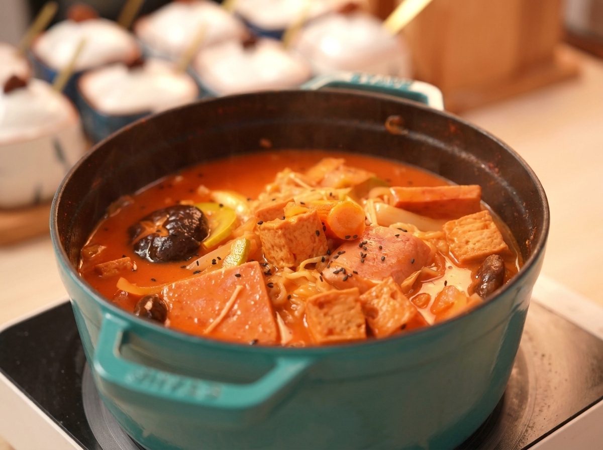 Gotowe Budae Jjigae z szynką, tofu i grzybami, posypane czarnym sezamem.