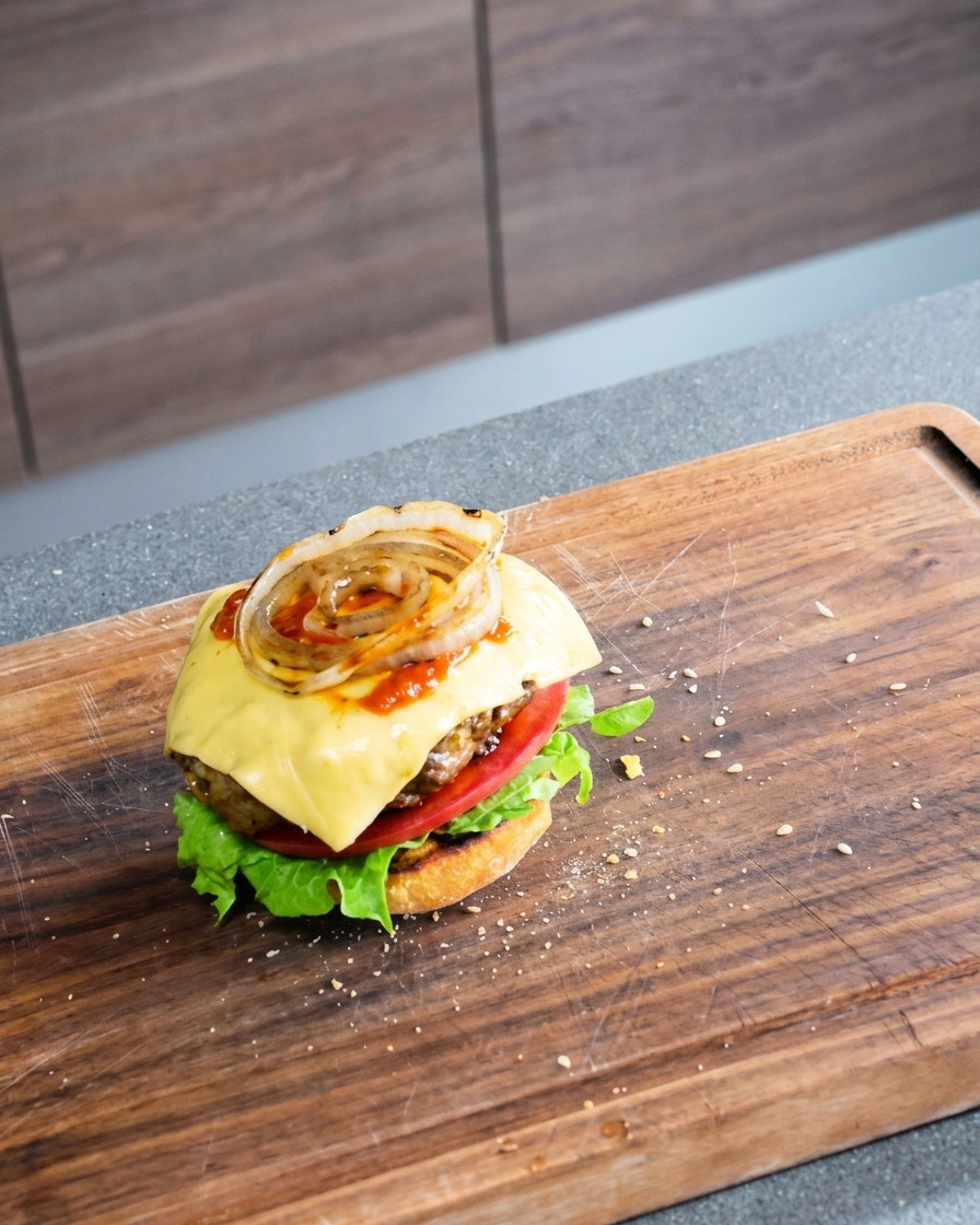Świeżo złożony burger z sałatą, pomidorem, kotletem wołowym, rozpuszczonym serem i grillowaną cebulą.