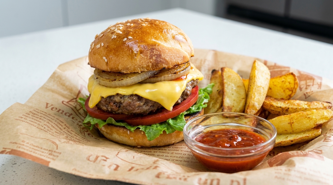 Świeżo złożony, wykwintny cheeseburger z roztopionym serem, chrupiącą sałatą i pomidorem, serwowany z rumianymi frytkami i ketchupem.