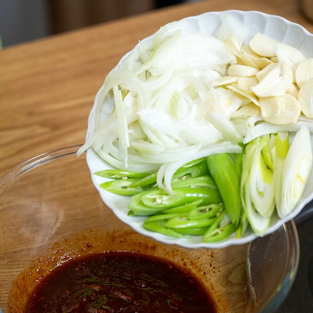 Różnorodne pokrojone dodatki, w tym czosnek, zielone chili i cebula, dodawane do miski z sosem.