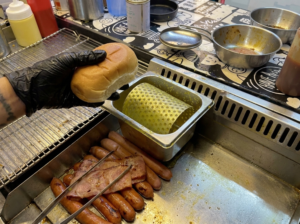 Połówki bułki posmarowane masłem, opiekanie na gorącej metalowej patelni grillowej.