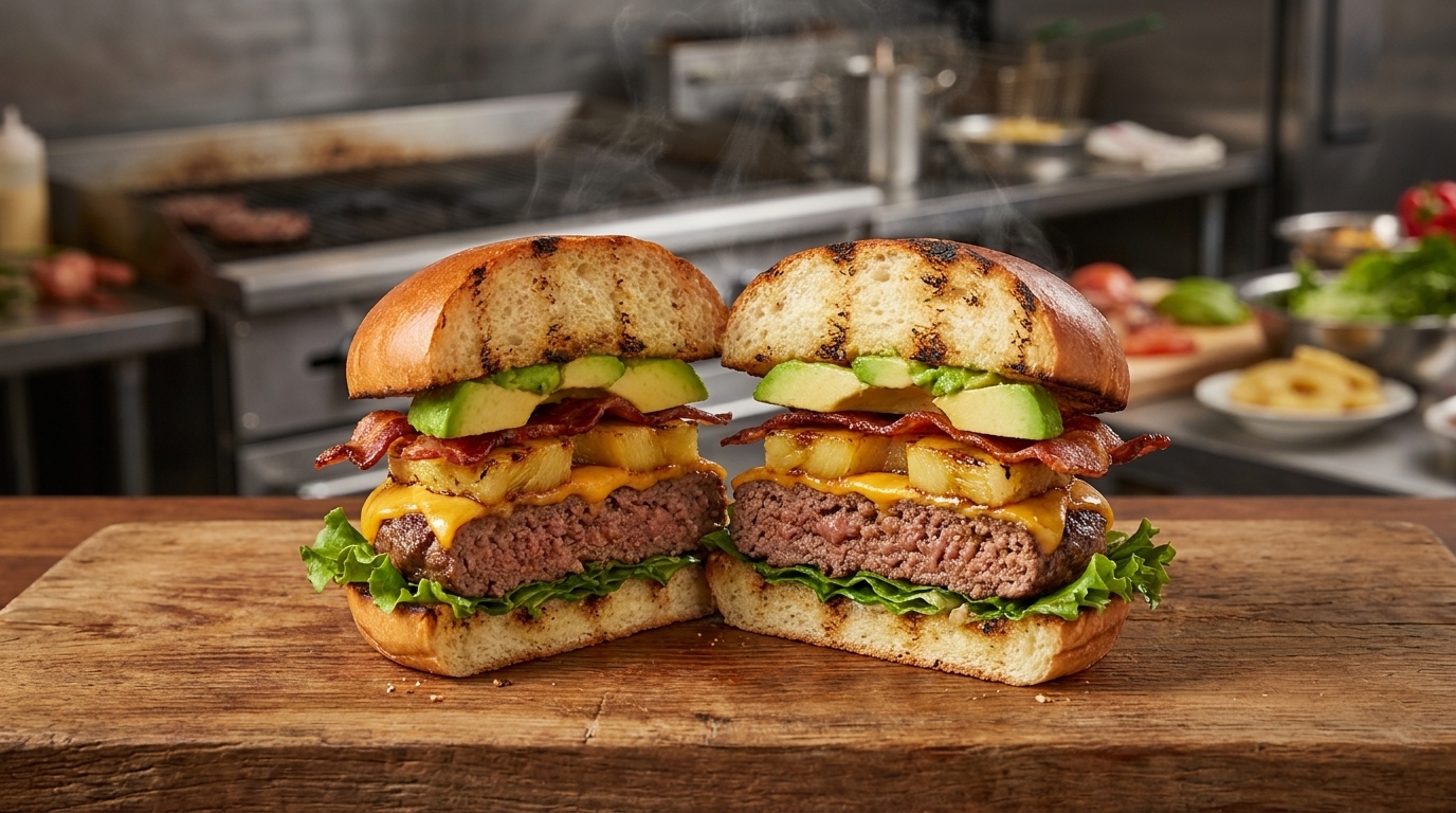 Wyśmienity burger wołowy z awokado i boczkiem
