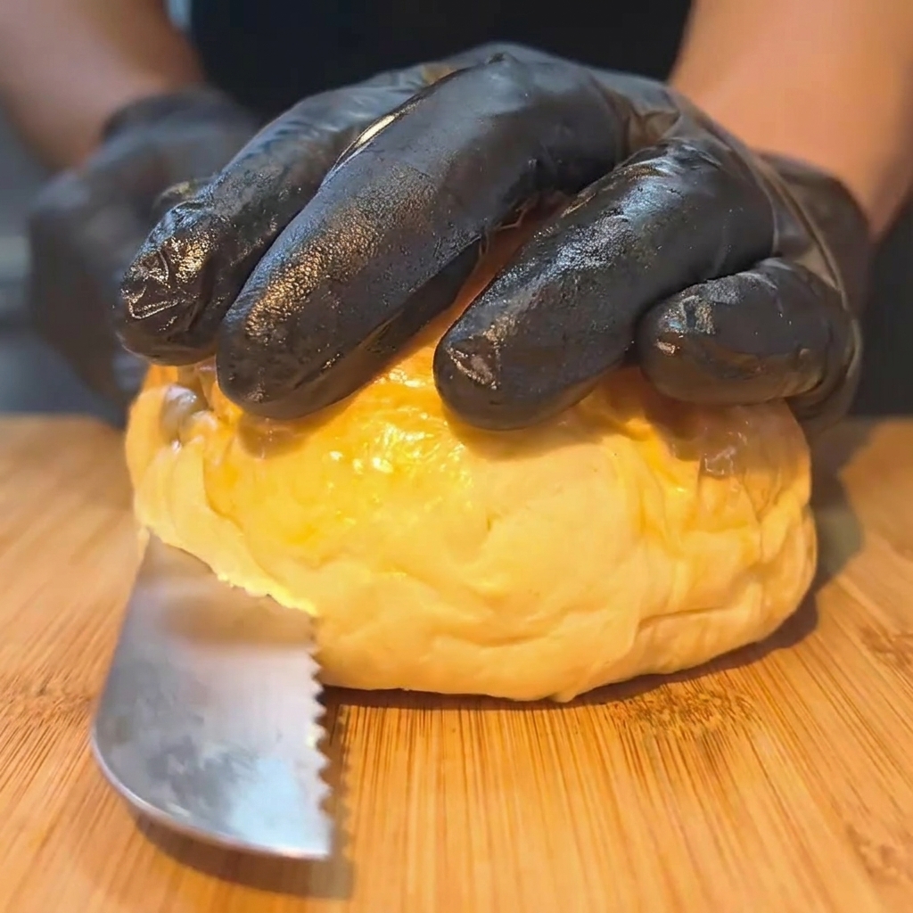 Przekrojona bułka do burgera dociskana do gorącej metalowej powierzchni w celu opieczenia.