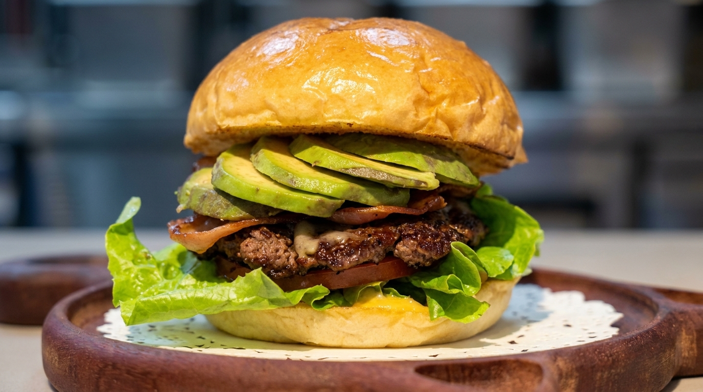 Wykwintny burger z awokado, soczystym kotletem wołowym i chrupiącym bekonem w opiekanej bułce brioche.