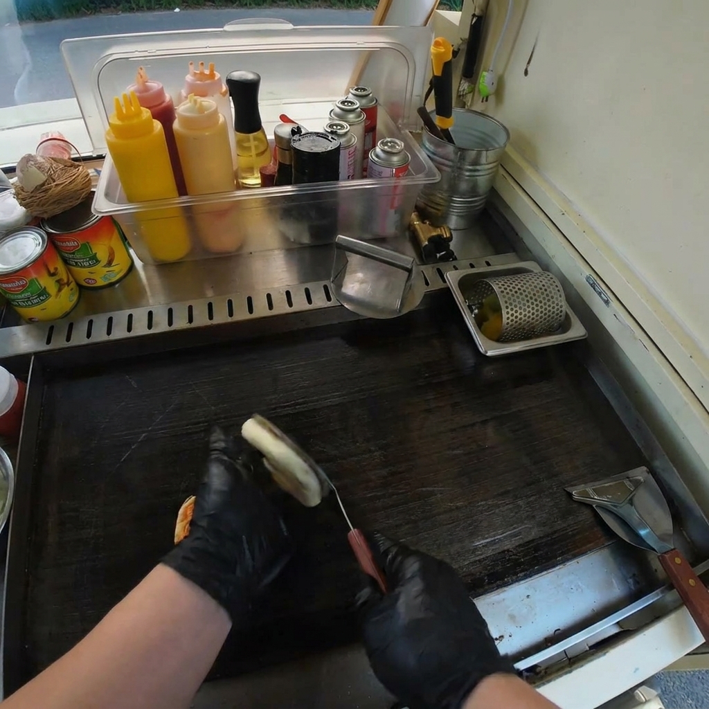 Surowy kotlet wołowy skwierczący na gorącej patelni, z widocznym zrumienieniem na brzegach.