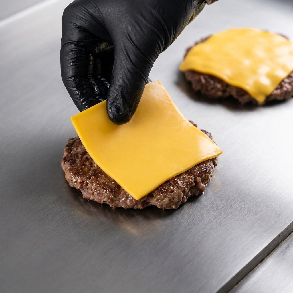 Plastry żółtego sera cheddar topiące się na kotletach wołowych na grillu.