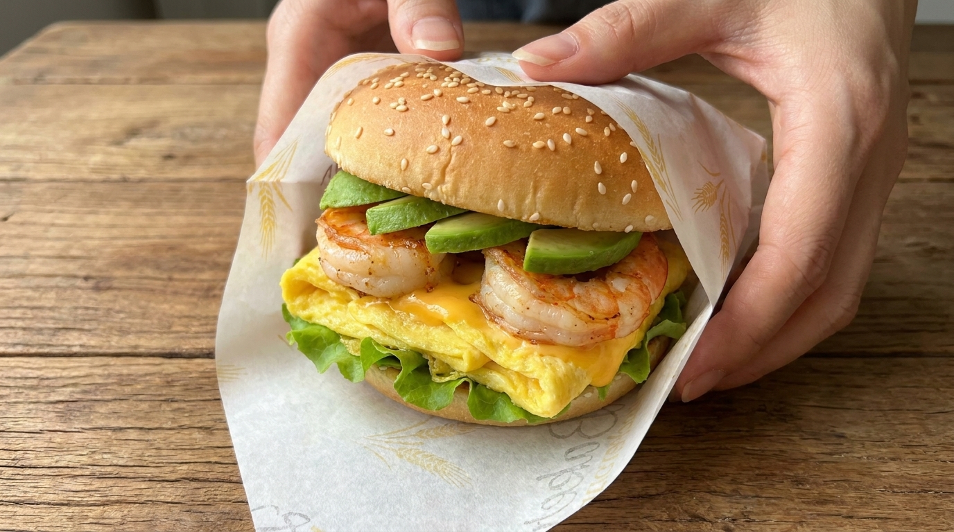 Wykwintny burger śniadaniowy z chrupiącą sałatą, delikatnym jajkiem z serem, soczystymi krewetkami i świeżym awokado.