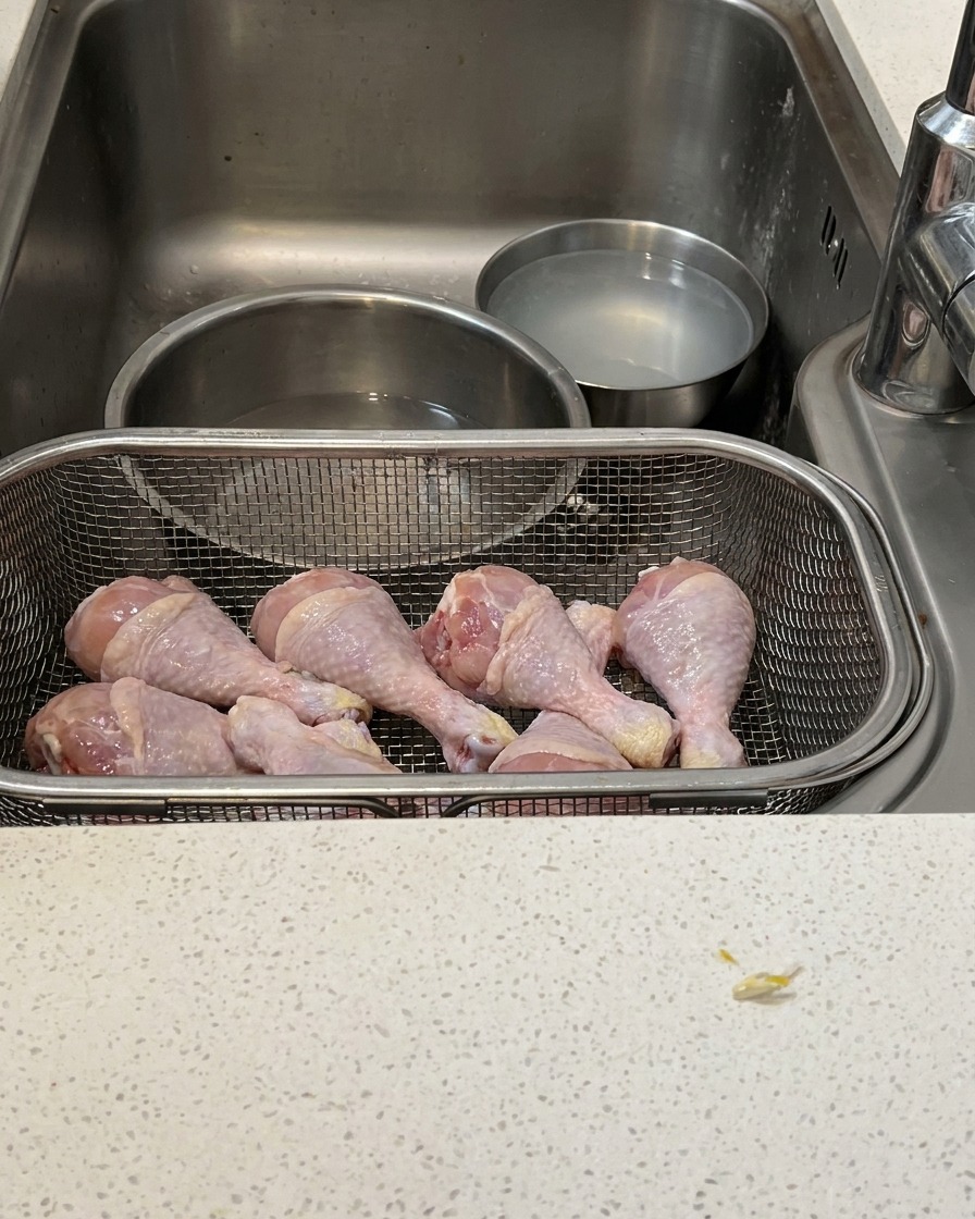 Surowe udko kurczaka podczas ostrożnego wykostowywania nożyczkami kuchennymi nad stalowym durszlakiem.