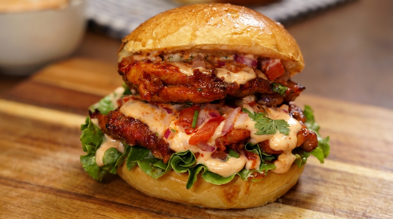 Podwójny meksykański burger z pikantnym grillowanym kurczakiem, świeżą salsą i kremowym sosem.