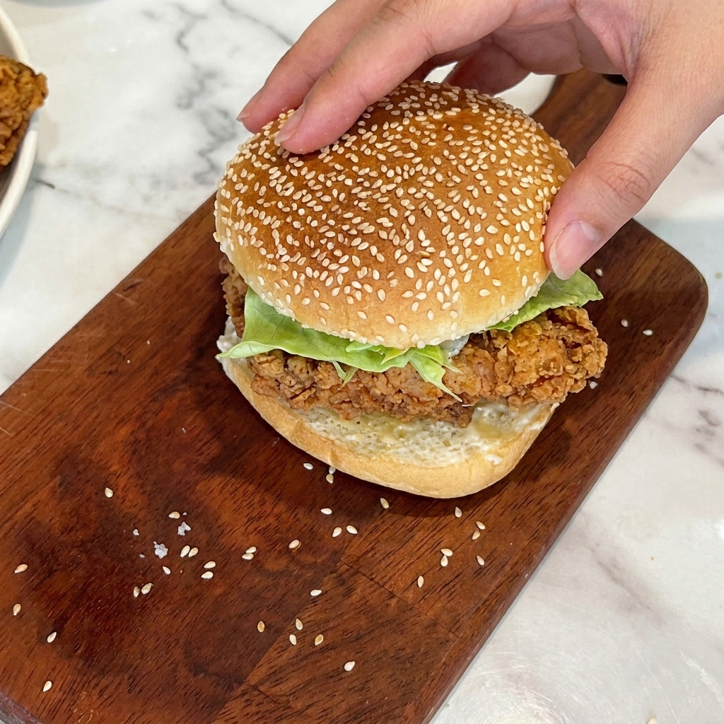 Dłoń nakładająca górną część bułki na złożonego burgera.