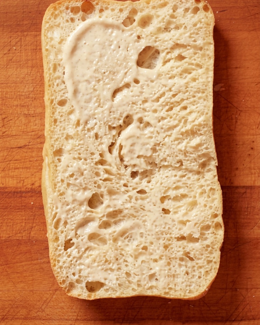 Kremowy biały sos rozsmarowywany na kromce opieczonego chleba ciabatta.