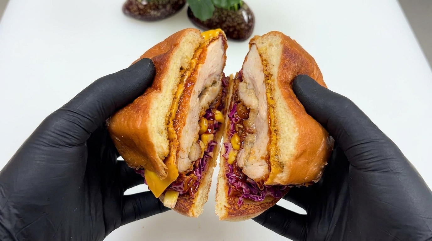 Przekrój burgera z koreańskim smażonym kurczakiem z błyszczącą glazurą gochujang, roztopionym serem i chrupiącą surówką.